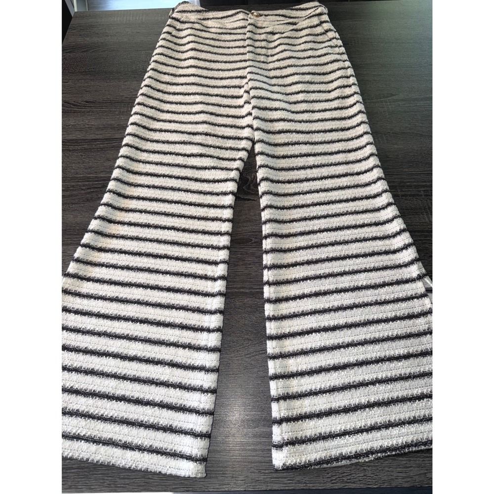 Striped‎ Tweed Wide Leg Pants White Black Sparkly Pearl Button High Waist Size L